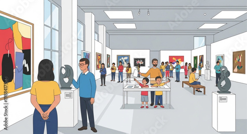 People admiring art in a modern museum gallery exhibition.