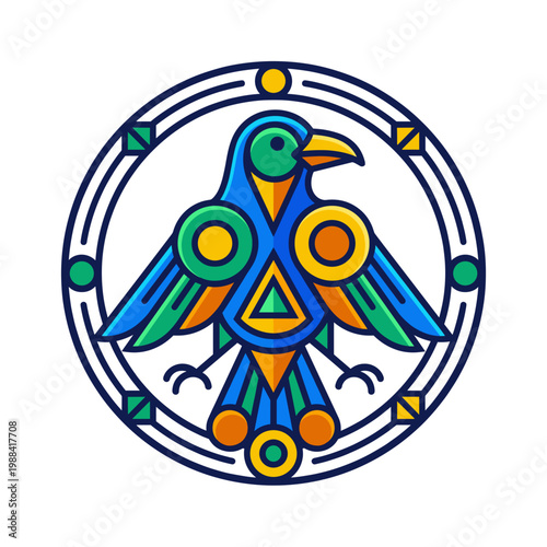 Vibrant geometric raven illustration with abstract patterns in a circular frame, evoking a dreamlike artistic vision