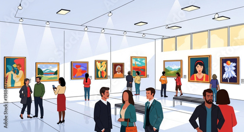 People admiring art in a modern museum gallery exhibition.