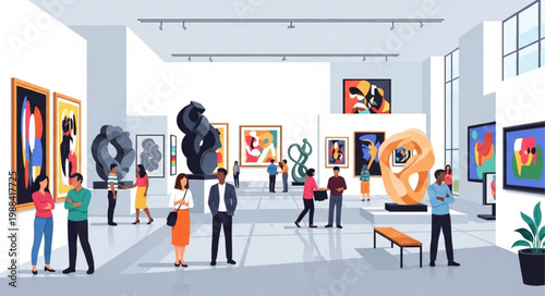 People admiring art in a modern museum gallery exhibition.