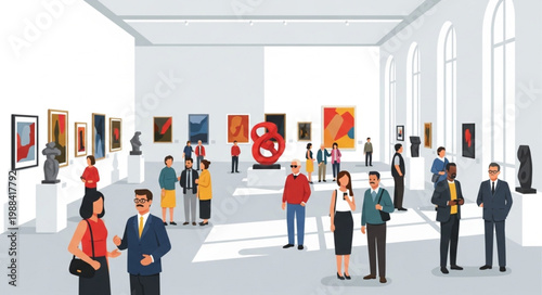 People admiring art in a modern museum gallery exhibition hall.