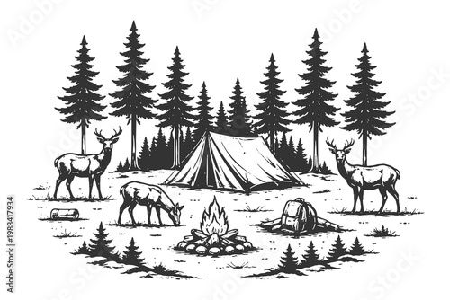 High contrast woodcut style vector illustration featuring a camping tent in a deep pine forest surrounded by wild deer and stones near a campfire.