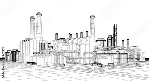 Industrial Factory Building Wireframe Blueprint Design.