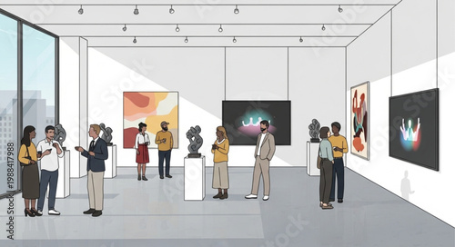 People Admiring Art Inside Modern Art Gallery Exhibition.