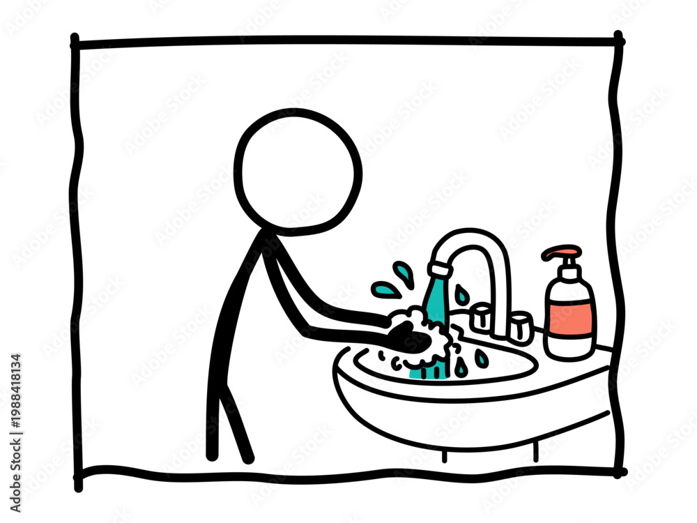 Fototapeta premium Stick figure washing hands with soap at a sink. Essential concept for personal hygiene, germ prevention, health safety, and daily cleanliness routines.