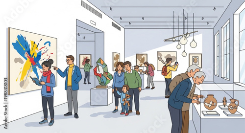 People admiring artwork and artifacts in a modern art gallery exhibition.