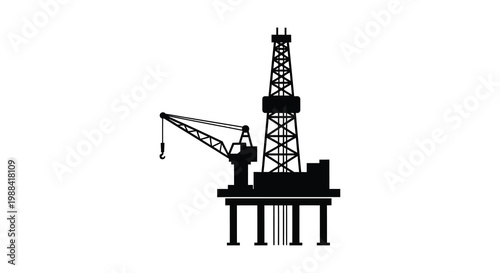 A stark silhouette depicting an offshore oil platform with a drilling derrick and supporting structure