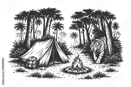Jungle campsite with tiger near tent and campfire in engraving line art style, black and white vector illustration of wild adventure forest scene