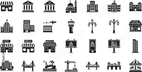 Set of city buildings, public infrastructure, and urban landmarks silhouette icons.
