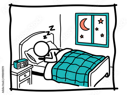 Stick figure sleeping peacefully in bed at night. Ideal for sleep hygiene, recovery, biological clock, rest, mental health, and circadian rhythm concepts.