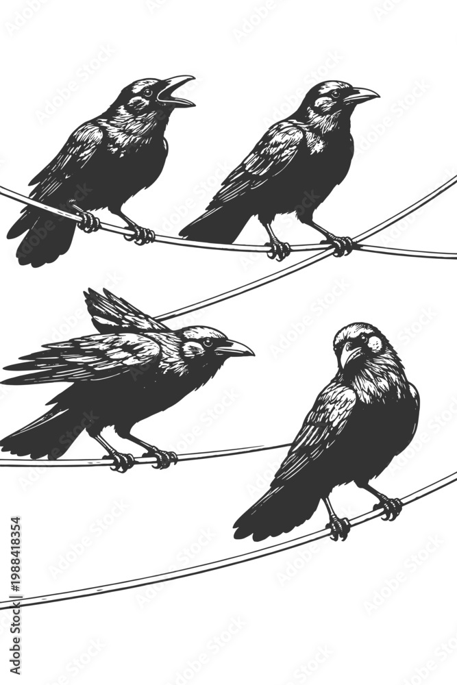 Obraz premium Raven birds perched on wire in detailed engraving line art style, black and white vector illustration set of dark birds in natural poses
