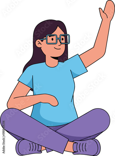 Young Woman Sitting Cross Legged and Raising Hand Illustration, Confident Female Character Asking Question or Participating in Discussion for Education and Learning Concepts