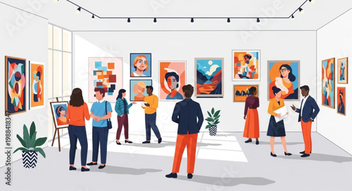 People admiring artwork in a modern art gallery exhibition.