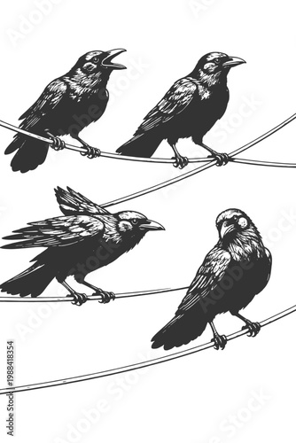 Raven birds perched on wire in detailed engraving line art style, black and white vector illustration set of dark birds in natural poses