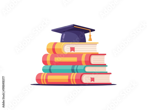 Graduation cap on stack of books symbolizing knowledge and learning achievement.