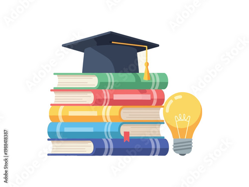 Graduation cap on a tall stack of books next to a bright light bulb symbol.