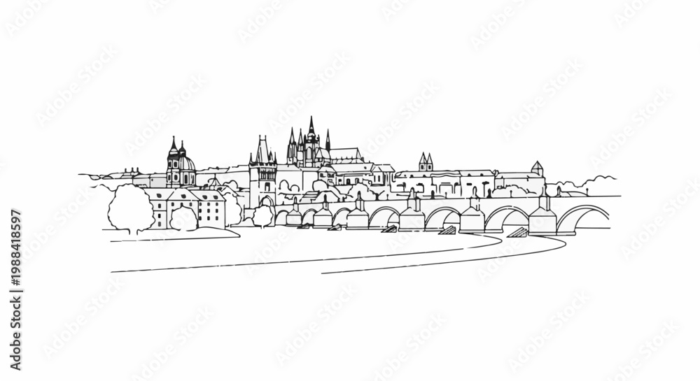 Fototapeta premium A sketch of a grand city skyline with a prominent bridge over a river