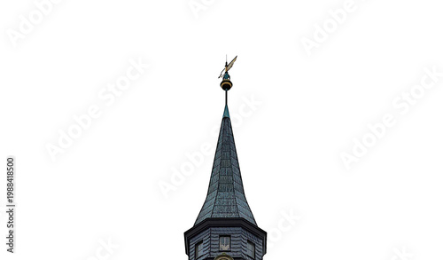 Architecture spire of a historical building isolated on transparent background. European city tower roof with weather vane, gothic or baroque style.