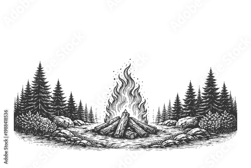 Hand drawn campfire with smoke surrounded by forest trees in engraving line art style, black and white vector illustration of outdoor night scene