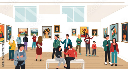 People admiring artwork in a modern art gallery exhibition.