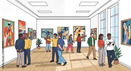 People Admiring Artwork in a Modern Art Gallery Exhibition.