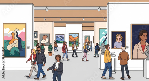 People admiring artwork in a modern art gallery exhibition.