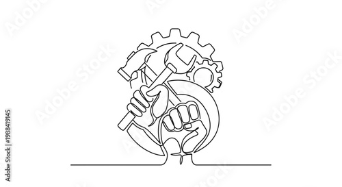 Continuous line drawing of a hand holding hammer.