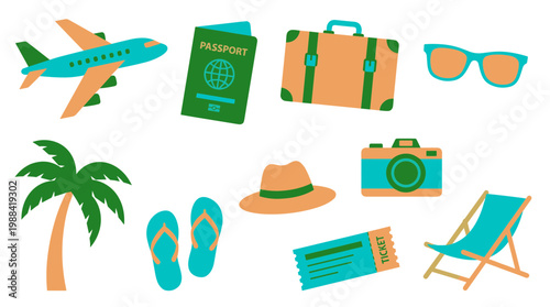 Collection of travel essentials and vacation items including a passport, suitcase, airplane, sunglasses, camera, hat, flip-flops, palm tree, deck chair, and plane ticket symbolizing a holiday getaway