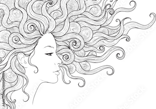 Artistic monochrome illustration featuring the serene profile of a woman with an elaborate and dynamic cascade of flowing, intricate curly hair forming an elegant design