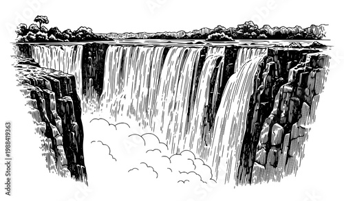 Victoria Falls Close Up Vintage Engraving Style Black and White Vector Illustration