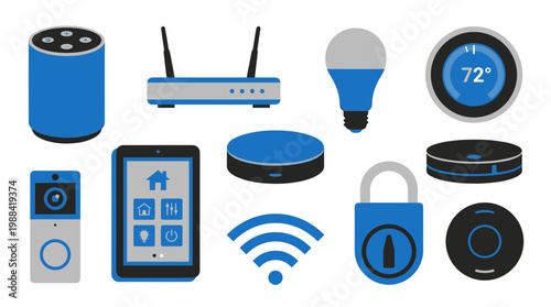 Smart home technology icons including smart speaker router lightbulb thermostat doorbell tablet lock and wifi symbol on white background