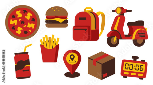 Fast food delivery service icons including pizza burger fries soda scooter and package with timer and location pin