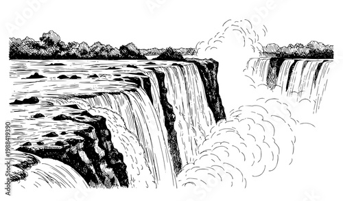 Tableau sur toile Victoria Falls Close Perspective Hand Drawn Vintage Sketch Vector Illustration