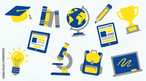 Collection of educational icons and symbols representing learning, science, and achievement in a bright, flat design style with blue and yellow colors