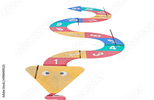Colorful hopscotch snake game with numbers isolated on transparent background. Kids playground floor marking for educational activities.
