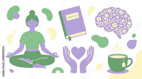 Mindfulness and mental wellness illustration with yoga meditation brain health and self care symbols
