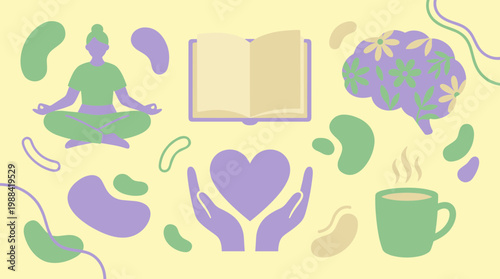 Mental wellness concept with yoga meditation brain health book and self care symbols on yellow background