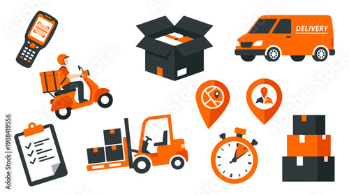 Logistics and delivery icons set including delivery van scooter forklift boxes and tracking elements for shipping and transportation services