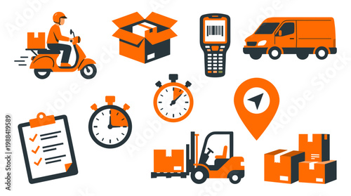Logistics and delivery service icons including scooter delivery man, cargo van, forklift, stopwatch, package, scanner, and map pin representing shipping and transportation concepts