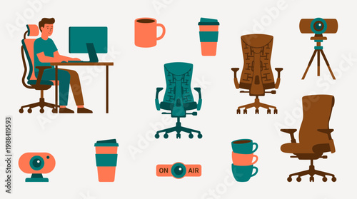 Modern Office Setup with Ergonomic Chairs, Computer, Webcam, and Coffee Cups for Remote Work and Home Office Productivity