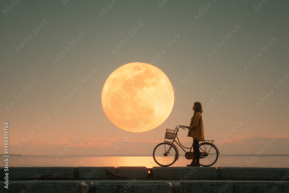 Fototapeta premium big yellow moon and a girl riding a bicycle