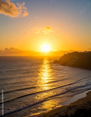 A serene coastal scene at sunset