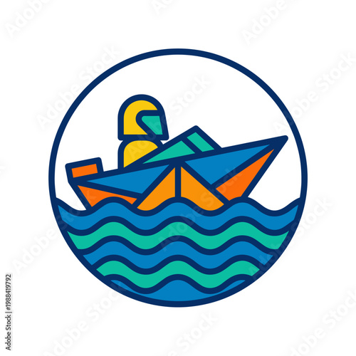 Dynamic speed boat icon with a racer on wavy water, a vibrant geometric illustration perfect for water sports and adventurous themes