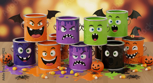 Whimsical Halloween Paint Cans with Spooky Faces and Candy Corn Accents on a Wooden Surface