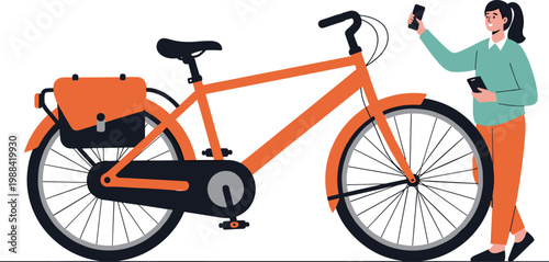 Modern cyclist with smartphone, orange bicycle, rear bag, digital lifestyle, eco transport, urban commuting, technology interaction, sustainable travel concept
