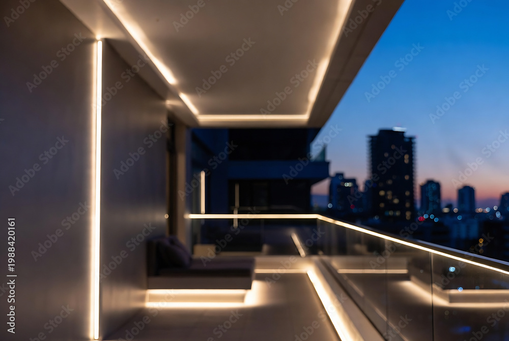 Naklejka premium A modern balcony with recessed lighting and a city skyline view.