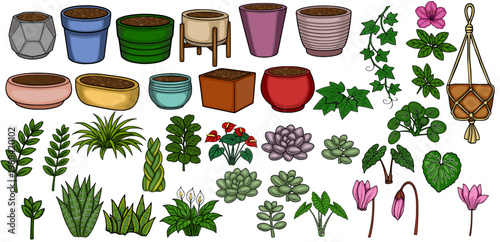 Set of diverse indoor plants and stylish planters, isolated vector elements