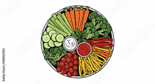 A colorful platter of fresh vegetables and dips, artfully arranged