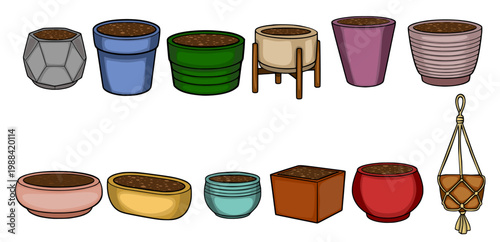 Colorful vector set of diverse plant pots filled with soil, isolated on white background