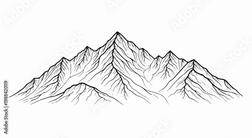 A detailed black and white ink drawing of a majestic mountain range